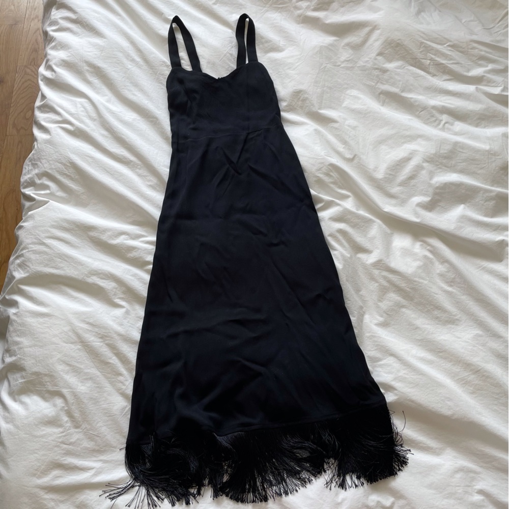 Reformation dress, size 2,black,full length with fringe. Professionally cleaned